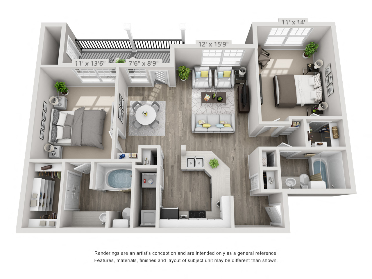 Floor plan for 2 beds, 2 baths, 1151 sqft